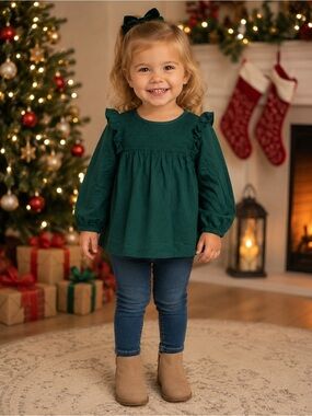 Baby Gap Toddler Girl's Long Sleeve Smocked Ruffle Blouse in Deep Green